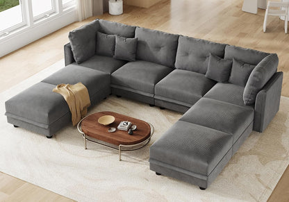LLappuil Modular Sectional Sofa with Storage Seats, Corduroy Convertible Modular U Shaped Sectional Couch for Living Room, 8 Seat Oversized Sofa with 6 Back Cushion 6 Throw Pillow, Grey