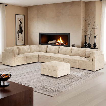 HOOOWOOO Modular Sectional Sofa,8 Pieces Sectional Couches for Living Room,164X66 L Shaped Cloud Couch with Ottoman Chaise Set(Beige Velvet Corduroy)