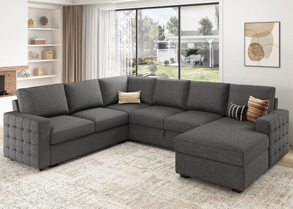 HONBAY Sectional Sleeper Sofa with Pull Out Bed U-Shape Sectional Couch Sleeper Bed with Storage Chaise 6 Seater, Light Grey