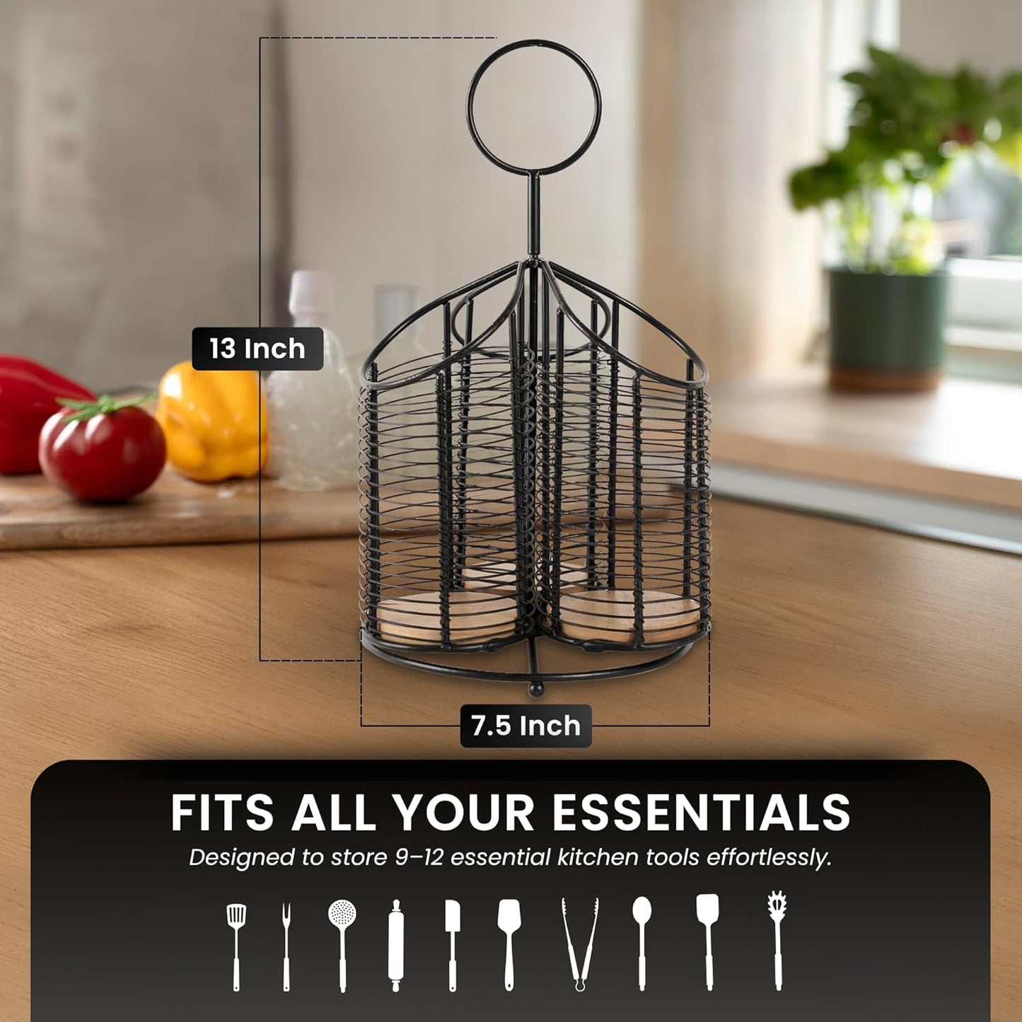 360° Rotating Kitchen Utensil Holder- 3 Compartment Organizer with Cork Bottoms | Includes Premium 9-Piece Acacia Wood Utensil Set | Professional & Home Luxury Design | Metal Utensil Crock (Black)