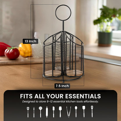 360° Rotating Kitchen Utensil Holder- 3 Compartment Organizer with Cork Bottoms | Includes Premium 9-Piece Acacia Wood Utensil Set | Professional & Home Luxury Design | Metal Utensil Crock (Black)