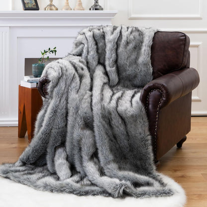 BATTILO HOME Wolf Faux Fur Blanket, Extra Large Fox Fur Throw Blankets for Couch, Bed, Super Soft, Fluffy, Eelegant, Grey with Black Tips Blanket Reversible to Plush Velvet, (Grey, 60"x80")