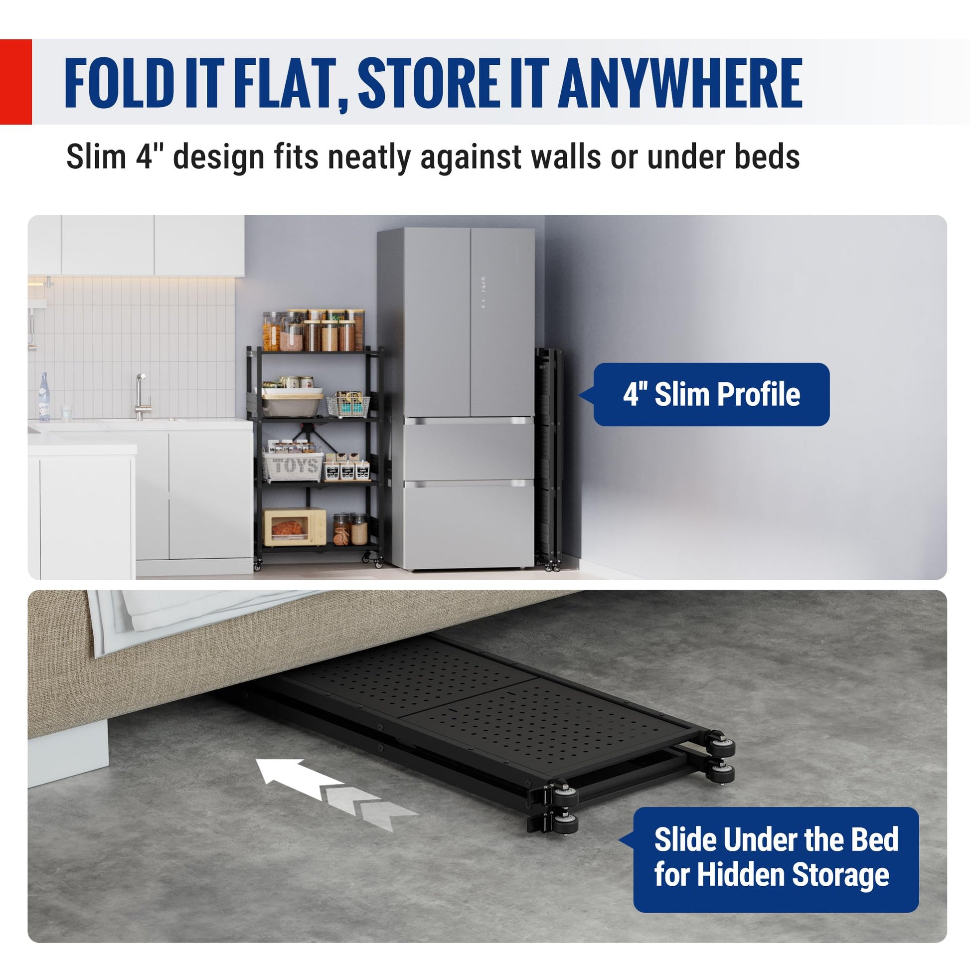 WORKPRO 4-Tier Folding Shelf, No-Assembly Metal Storage Rack with Wheels, 600 lbs Capacity (with