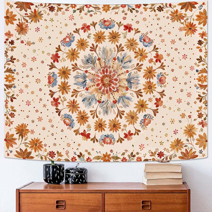 Fowocu Boho Floral Mandala Tapestry Wall Hanging Watercolor Bohemian Flower Medallion Tapestry Aesthetic Beige Orange Hippie Indian Small Tapestries for Bedroom Living Room Dorm Decor 48 x 36 Inch