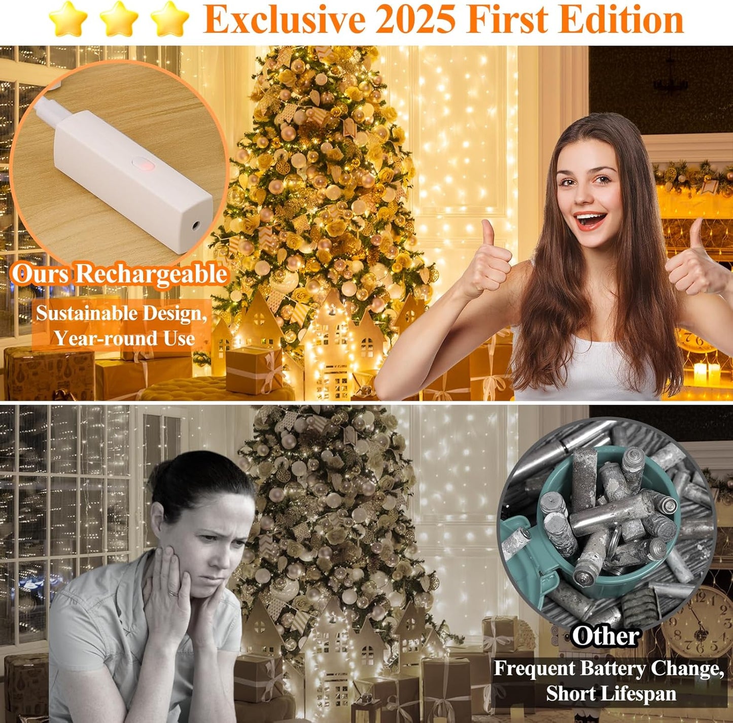 66FT(33*2) Lipstick Mini Fairy Lights Battery Operated, String Lights with Timer, LED Rechargeable Twinkle Lights for Bedroom, Christmas Decorations, Wedding, Vine, Centerpiece Table Decor Warm White