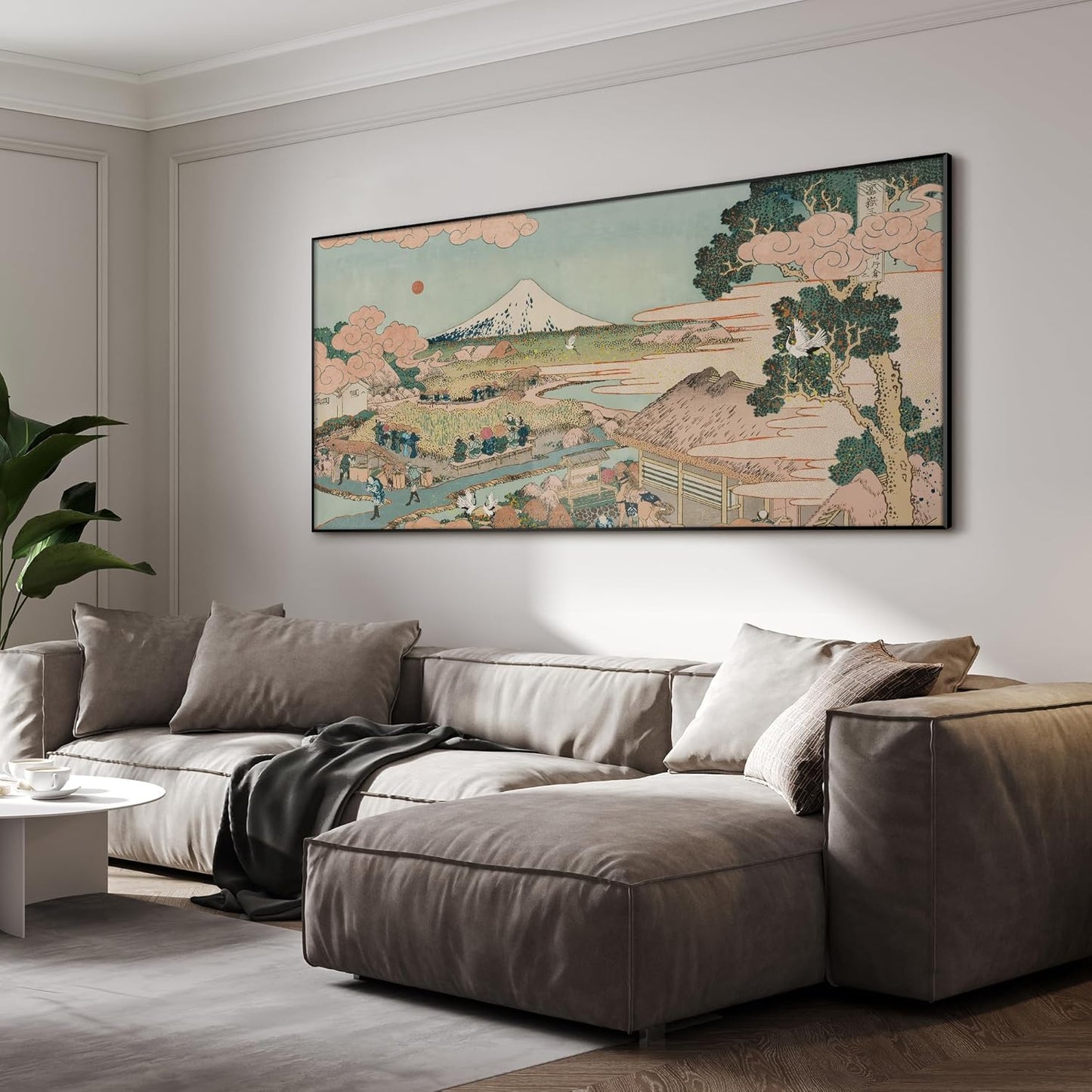 SIGNWIN 24"x46" Extra Large Framed Wall Art Japanese Ukiyo-e Landscape, Timeless Mt. Fuji Scene for Zen-Inspired or Asian-Style Interiors for Home Living Room Bedroom Decor (Frame Assembly Required)