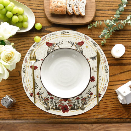 Artoid Mode Beige Poppy Moth Moon Round Placemats Set of 4, 14 Inch Floral Spring Round Table Mats for Party Kitchen Dining Decoration