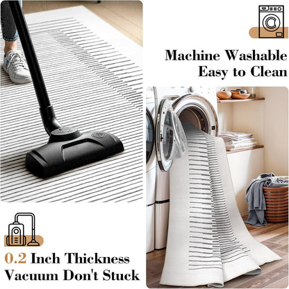 Wonnitar Washable Striped Runner Rug 2'6"x8', Non-Slip Berber Stripe Hallway Runner, Low Pile Minimalist Kitchen Soft Carpet Runner for Bedroom Bathroom Laundry Entryway (Grey, 2'6" x 8')