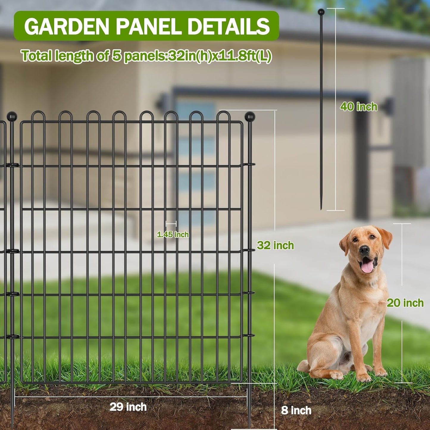 5 Panels No Dig Decorative Garden Fence for Yard, 32 in(H) X 11.8 ft(L) Animal Barrier Fencing for Outdoor Dog, Metal Portable Garden Fences for Borders, Pets, Landscape, Temporary Fence