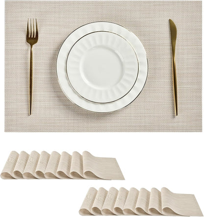 Leetaltree Beige White Placemats Set of 16 - Heat Resistant Non-Slip Place mats for Dining Table, Washable Durable PVC Vinyl Woven Table Mats（Beige White, 16）
