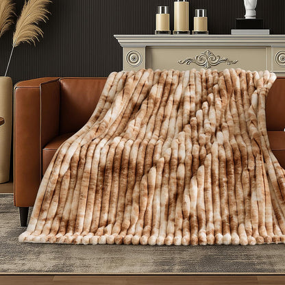 Amélie Home Faux Fur Throw Blanket for Couch, Cozy Fuzzy Fluffy Fur Luxurious Soft Striped Plush Gift Blankets for Family Sofa Chair Bed Living Room Bedroom, 55"x70", Tie-dye Khaki