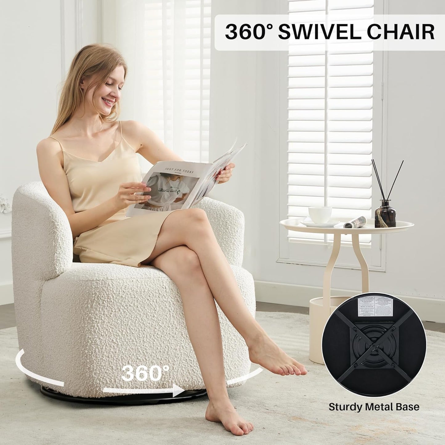 Swivel Accent Chair, Sherpa Teddy Barrel Chair for Living Room, Cozy Round Boucle Arm Chair, Metal Base for Club Nursery Bedroom, White