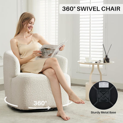 Swivel Accent Chair, Sherpa Teddy Barrel Chair for Living Room, Cozy Round Boucle Arm Chair, Metal Base for Club Nursery Bedroom, White