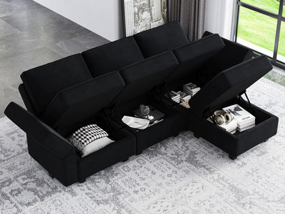 Belffin Modern L Shaped Velvet Sectional Sofa with Chaise, Black, Storage, Adjustable Arm/Backrest