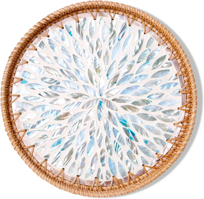 Round Rattan Tray with Mother of Pearl Inlay & Wooden Base - Decorative Wicker Serving Tray for Coffee/Bread/Fruits, Food Storage & Display - Multipurpose Home Decor (L,Colorful Leaves)