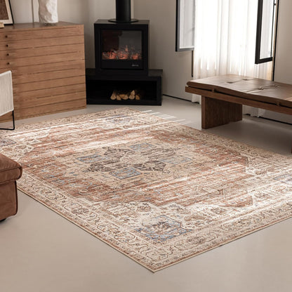 6'x9' Area Rug - Vintage Persian Medallion Design Low-Pile Faux Wool Rug, Non-Slip Backing, Machine Washable, for Living Room, Dining Room, Bedroom (Brick Red)