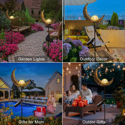 2Pack Moon Garden Solar Lights Outdoor Stakes Waterproof, Gifts for Mom, Crackle Glass Patio, Backyard Decorations, Balcony Lawn Ornaments, for Women Men Grandma (Bronze)