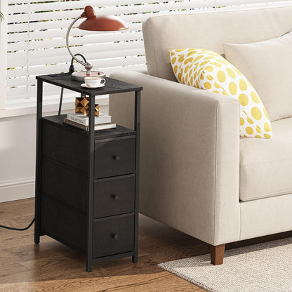 TUTOTAK Narrow Night Stand with Charging Station, Slim End Table with Plugins, Tall Side Table with 3 Fabric Drawer, Small Bedside Table with Storage, Living Room, Bedroom, Black TB01BK086