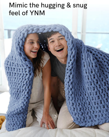 YnM Chunky Throw Blanket, Medium-Weight, Hand Knitted with Chenille Yarn, Skin Friendly, Ventilated and Breathable, Machine Washable, Home Décor Piece for Couch Sofa and Bed (Chambray Blue 80x87 Inch)
