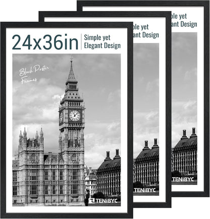 24x36 Poster Frame 3 Pack - Black Woodgrain, Solid Wood Picture Frame, Wall Gallery Frame - Wall Hanging