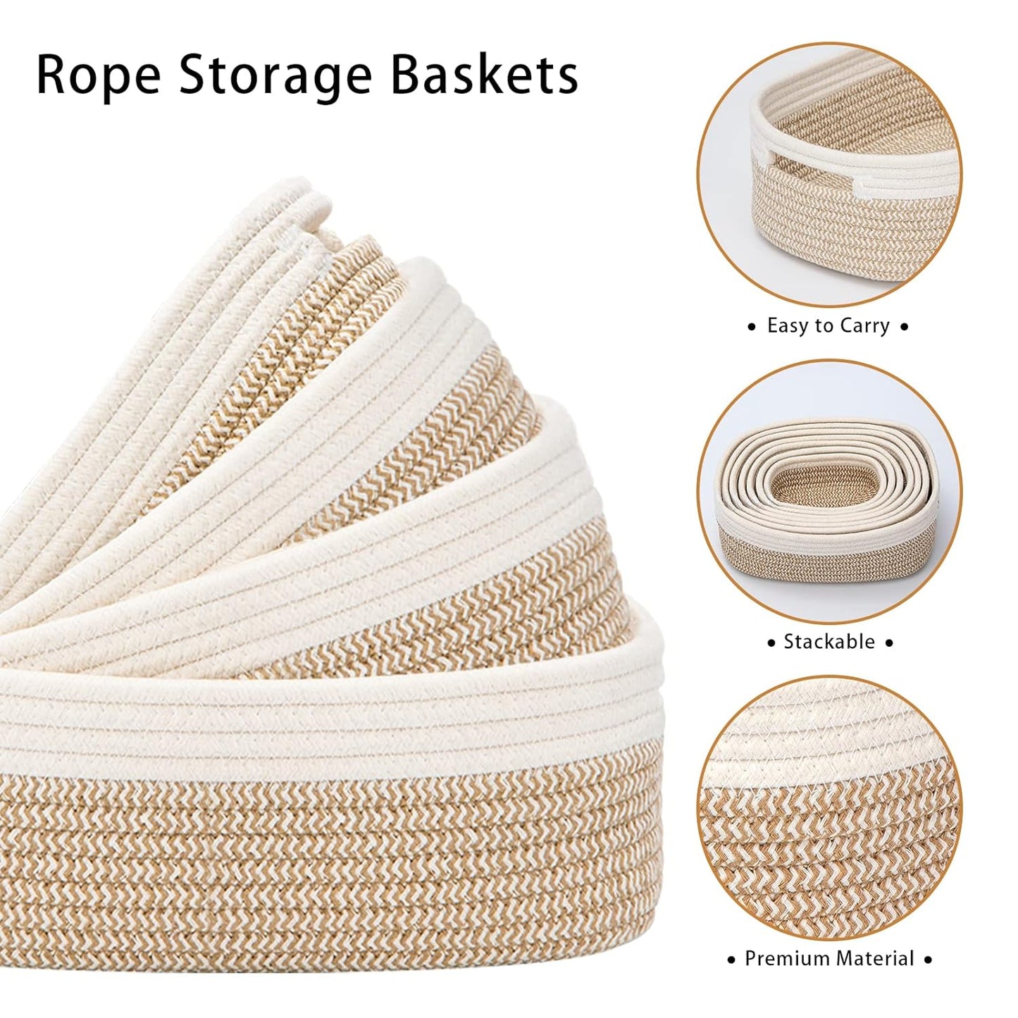 7 Piece Cotton Rope Woven Basket Set - Small Basket for Baby Nursery, Pets, Montessori, Dog & Cat Toy Boxes, Bathroom Organization Bins (White/Brown)