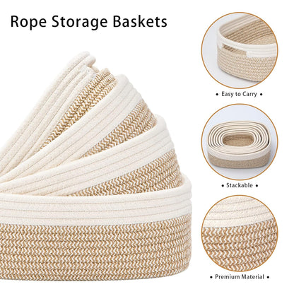 7 Piece Cotton Rope Woven Basket Set - Small Basket for Baby Nursery, Pets, Montessori, Dog & Cat Toy Boxes, Bathroom Organization Bins (White/Brown)
