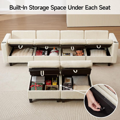 110" Modular Sectional Sofa, Convertible Sleeper Sofa Couch Bed with Adjustable Backrest, U-Shaped Chenille Cloud Couch with Ottoman Storage, Deep Seat Couches for Living Room,Beige