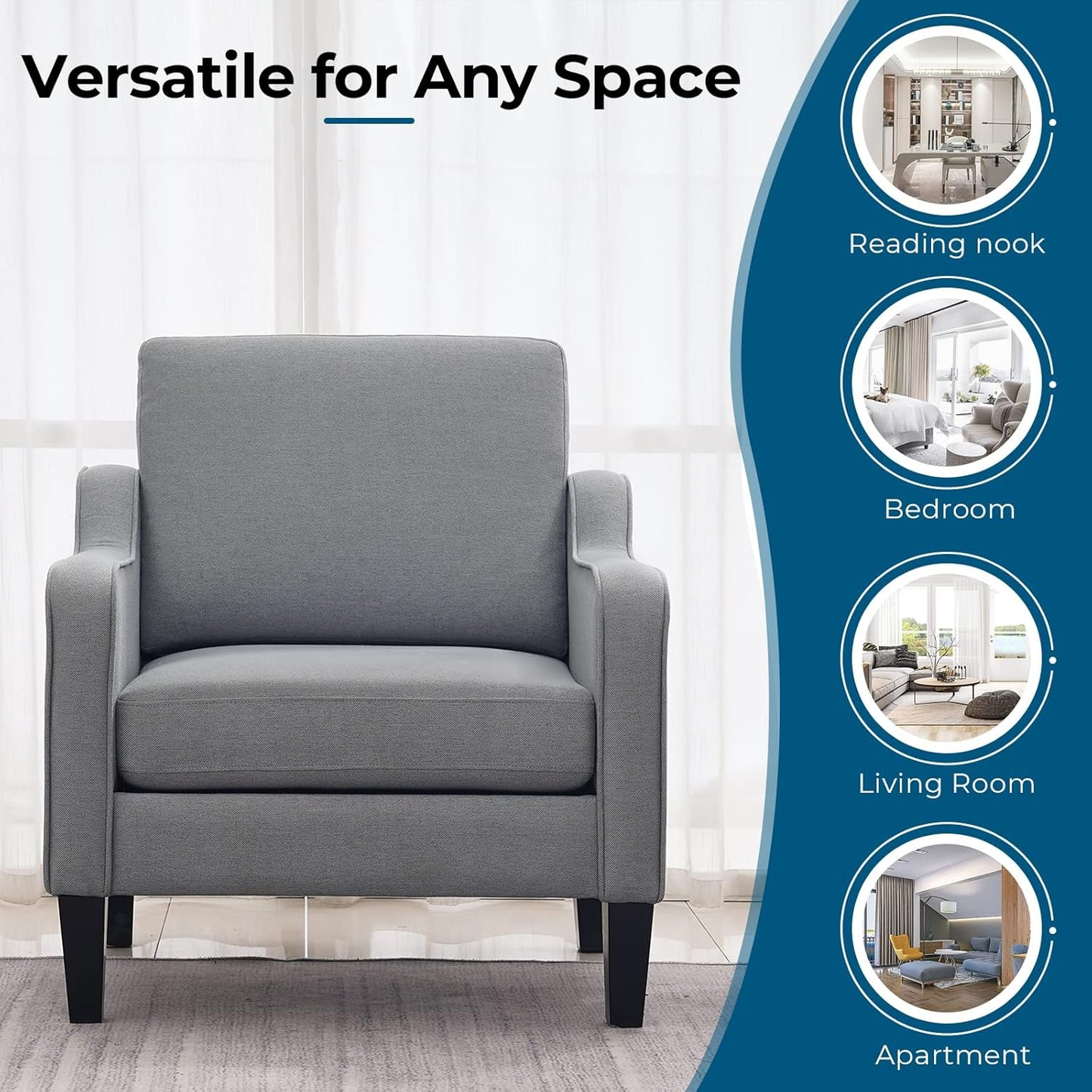 VINGLI Mid Century Modern Accent Chair, Light Grey Fabric Accent Chairs for Living Room Upholstered Armchair with Scooped Arms for Bedroom, Apartment, Studio, Office, Waiting Room