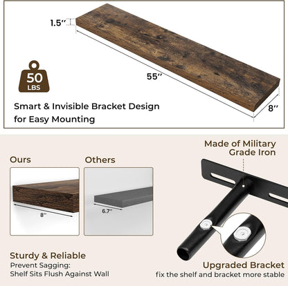 RICHFOCUS 55Inch Floating Shelves for Wall 2 Pack Shelves for Bedroom|Kitchen|Bathroom Wall Mounted Rustic Wood Floating Shelf with Invisible Brackets for Books|Storage|Decor, Rustic Brown