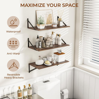 Heimlove 24" W x 12" D Wall Shelves for Books, 12 Inch Deep Floating Shelves Set of 3, Wide Floating Bookshelf with Metal Bracket for Living Room, Kitchen, Office, Bedroom and Decor Storage - Walnut