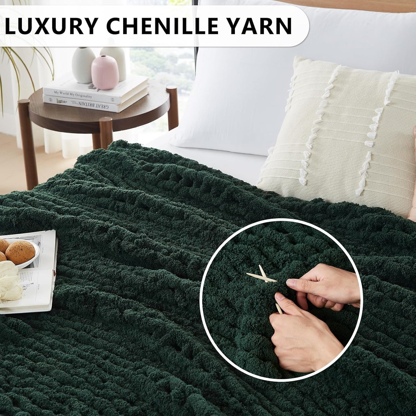 L'AGRATY Chunky Knit Blanket Throw: 72''x84'' Chenille Chunky Knitted Throw Blanket for Bed Couch - Handmade Thick Big Cable Knit Blanket - Large Chunky Crochet Rope Blanket for Home Decor(Green)
