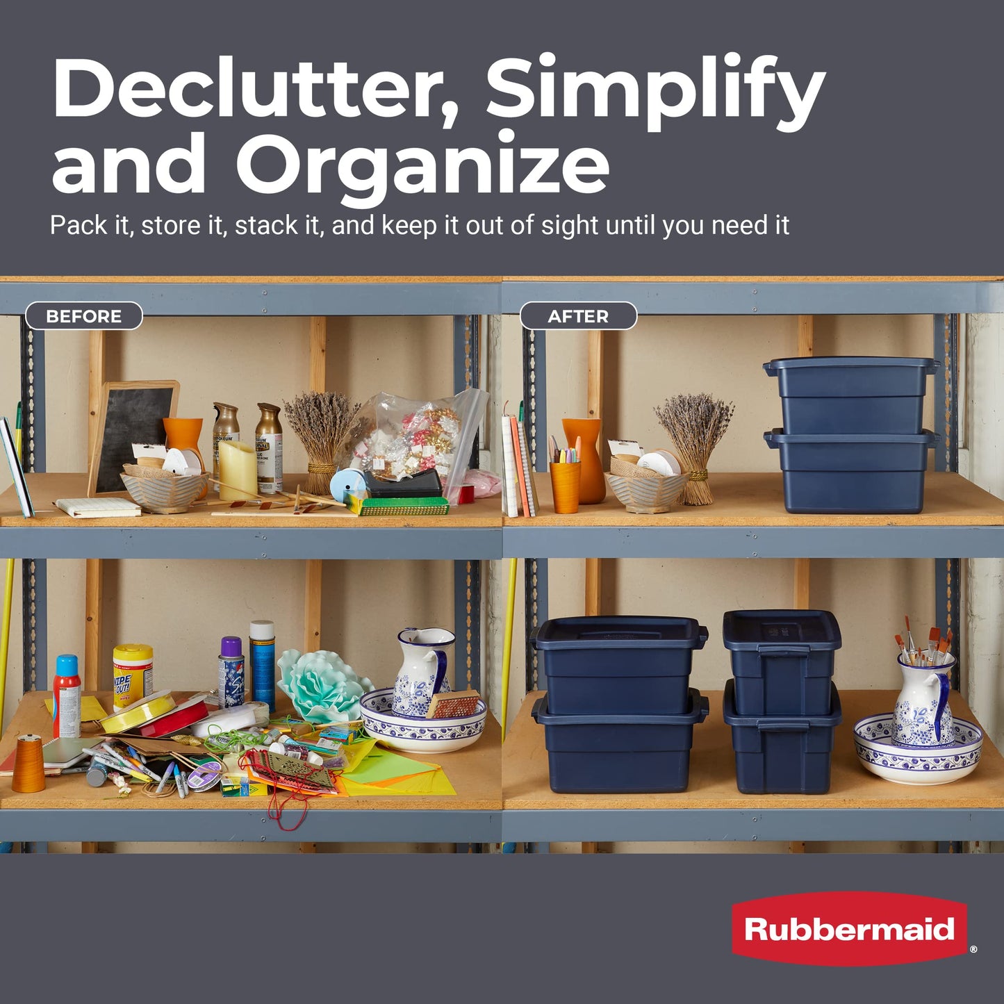 Rubbermaid Roughneck Tote 3 Gal, 6 Pack, Made in USA, Dark Indigo Metallic, Rugged Plastic