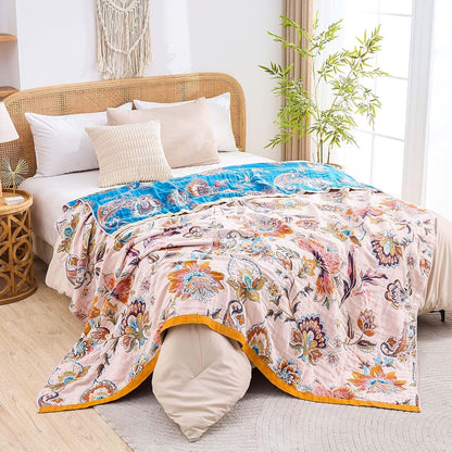 Boho Throw Blanket for Bed, 100% Cotton Soft Rustic Quilt Fall Blanket, 50"x60" Floral Printed Farmhouse Decor Bed Blankets, All Season Rustic Reversible Bohemian Throw Quilt