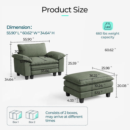 LINSY HOME Sofa Chair with Movable Ottoman - Corduroy Cloud Couch Chair Soft Comfy Modern Sofa Chaise Single Sleeper Chair Bed for Living Room Apartment Office, Green