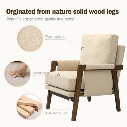 Modern Accent Chair for Living Room Mid Century Arm Chair Upholstered Bedroom Chair Comfy Lounge Chair with Solid Wood Frame, Beige
