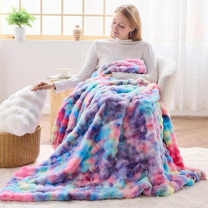 NEWCOSPLAY Faux Fur Throw Blanket Dark Rainbow Luxury Fluffy Thick Warm Bubble Blanket for Couch Sofa Bed 700GSM (Dark Rainbow, Throw(50"x60"))
