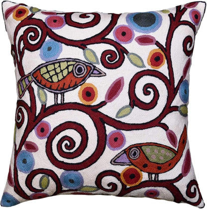 Cream Tree of Life Pillow Cover Birds White Floral Pillowcase Flower Accent Botanical Pillowsham Suzani Cushions Modern Plant Floral Cushion Hand Embroidered Wool Size 18x18