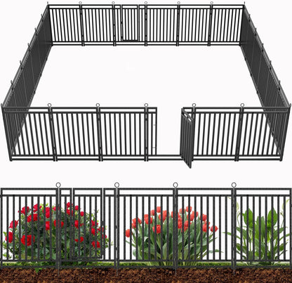 Decorative Garden Fence 54ft (L) × 40in (H), 21 Panels + 3 Gates, Metal Dog Fence Outdoor for Yard, Rust-Proof Animal Barrier Fencing for Patio & Flower Bed, Black-Silver