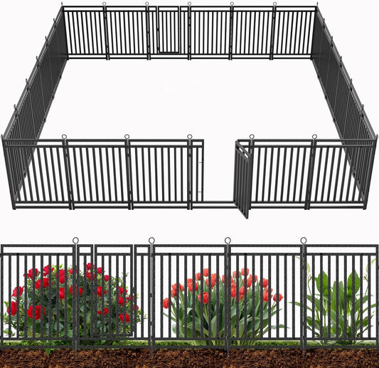 Decorative Garden Fence 54ft (L) × 40in (H), 21 Panels + 3 Gates, Metal Dog Fence Outdoor for Yard, Rust-Proof Animal Barrier Fencing for Patio & Flower Bed, Black-Silver