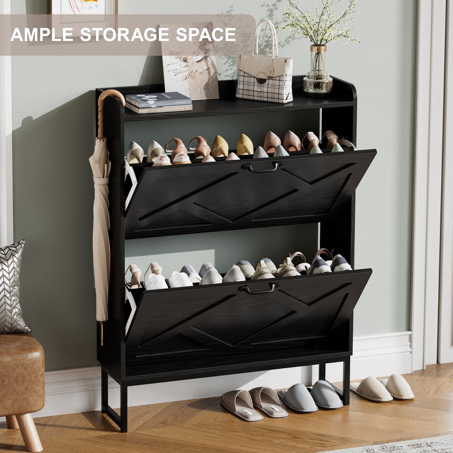 Nicetree Shoe Storage Cabinet with 2 Flip Drawers, Entryway Cabinet, Black