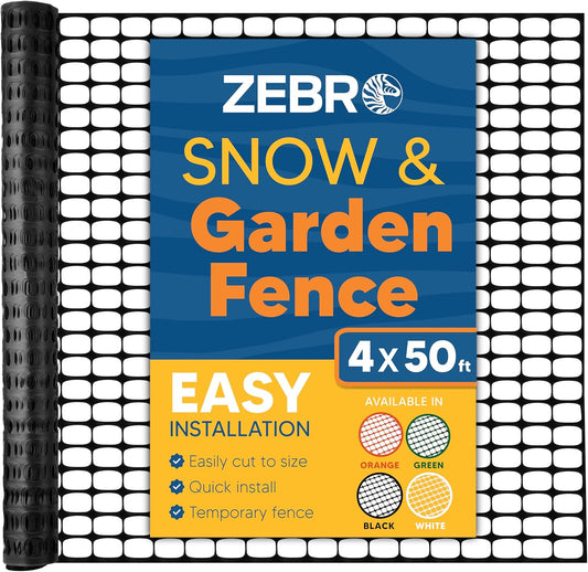 ZEBRO 4' x 50' Black Plastic Garden Fence Roll – Standard Duty Safety Netting for Snow, Poultry