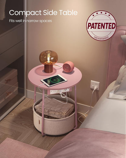 VASAGLE Side Table with Charging Station, Round End Table with Fabric Basket, Nightstand with Power Outlets, USB Ports, for Living Room, Bedroom, Modern, Jelly Pink and Cream White ULET228R01