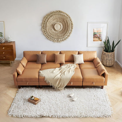 128'' Sleeper Couch, Large Sofa Bed with Storage, Faux Leather 8 Seater Sofa, Mid Century Modern Couch Sofa for Living Room, Guest Room, House, Apartment, Office, Loft, Tan