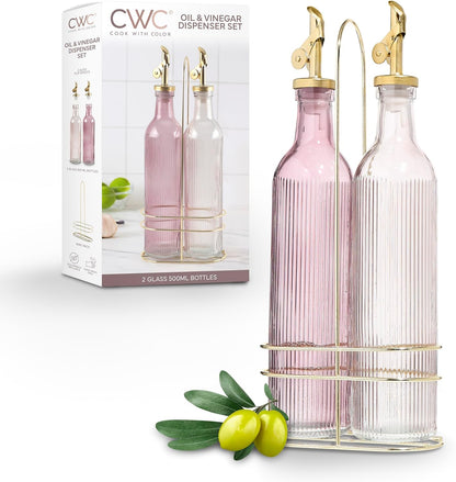 COOK WITH COLOR Glass Olive Oil Bottle Dispenser - 2 Pack- 17oz Oil and Vinegar Cruet - Olive Oil Carafe Decanter for Kitchen