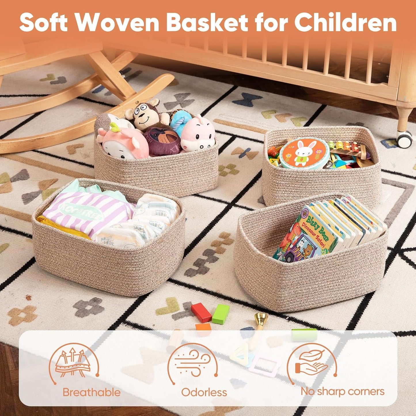 OIAHOMY 4 Pack 14.17*11.02*6.3IN Storage Baskets for Organizing Shelves, Woven Rope Baskets for Organizing Books, Clothes, Decorative Basket for Living Room, Nursery, Bedroom, Gift Basket, Brown