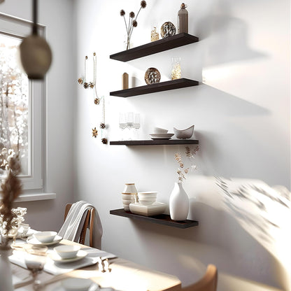 24 Inch Floating Shelves for Wall Rustic Brown Wood Wall Shelves for Bedroom Set of 4