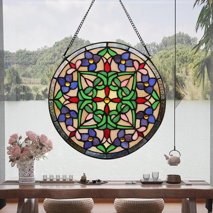 Handcrafted Stained Glass Window Panel - 12-Inch Round Floral Design with Vibrant Colors, Elegant Decorative Hanging Art for Home Décor, Includes 20-Inch Chain & Hook (Green Flower)