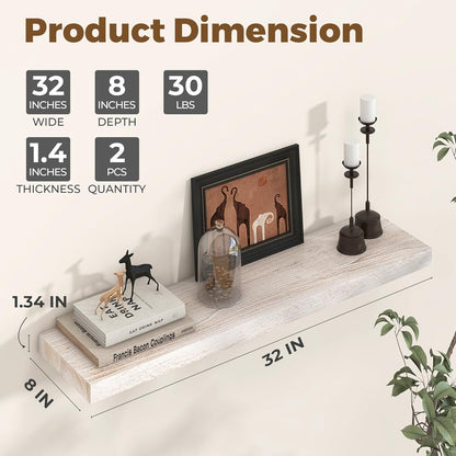 Axeman Floating Shelves for Wall - 32''W x 8'' D Rustic Solid Elm Wood Shelves for Storage, Wall Mounted Display Shelving with Invisible Heavy-Duty Metal Bracket (White Wash, 2PCs)
