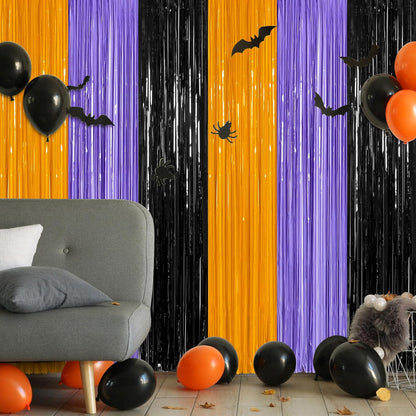 12 Pack Halloween Decor, 3.28 FT x 7.05 FT Orange Purple Black Fringe Curtains, Funny Wall Backdrop Photo Booth Backdrop Party Streamer, Halloween Foil Decorations Photo Booth Props