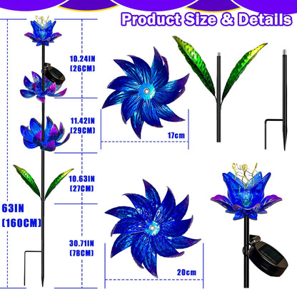 Solar Wind Spinner Outdoor, 63 Inch Metal Wind Spinner Yard Art with LED Lights, Three-Layer Flower Design Pinwheels for Yard and Garden Decor, Solar Garden Decor
